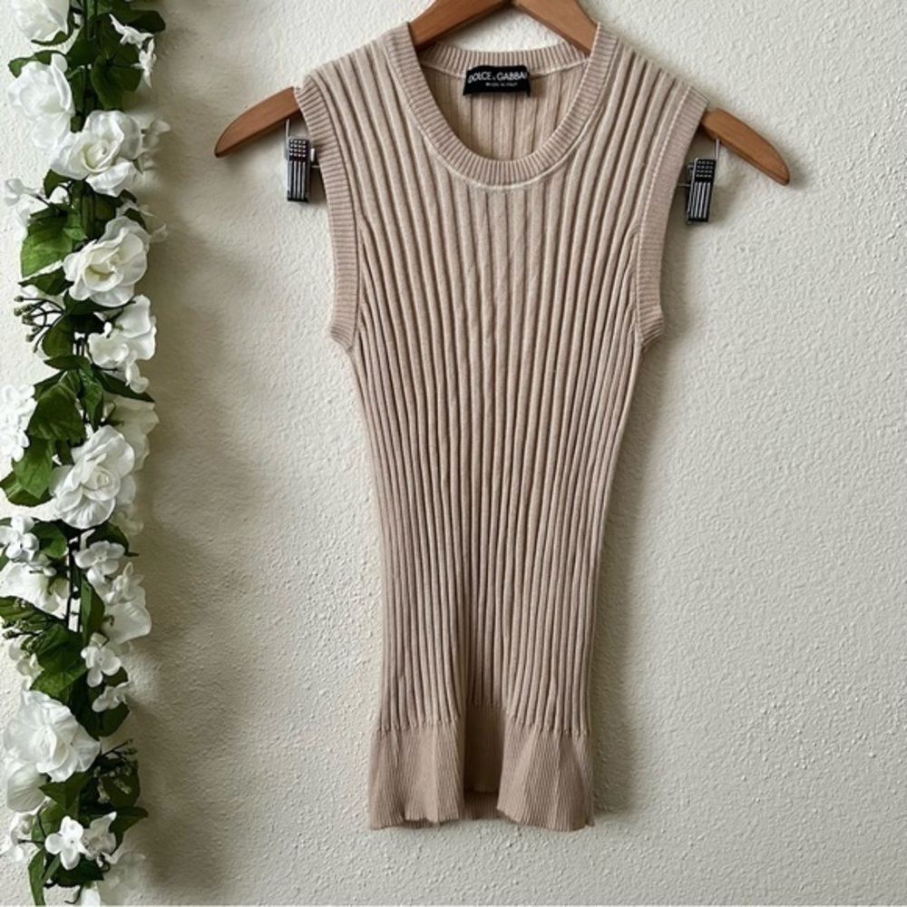Dolce & Gabbana Cashmere Silk Blend Beige Ribbed Sleeveless Sweater Knit Top